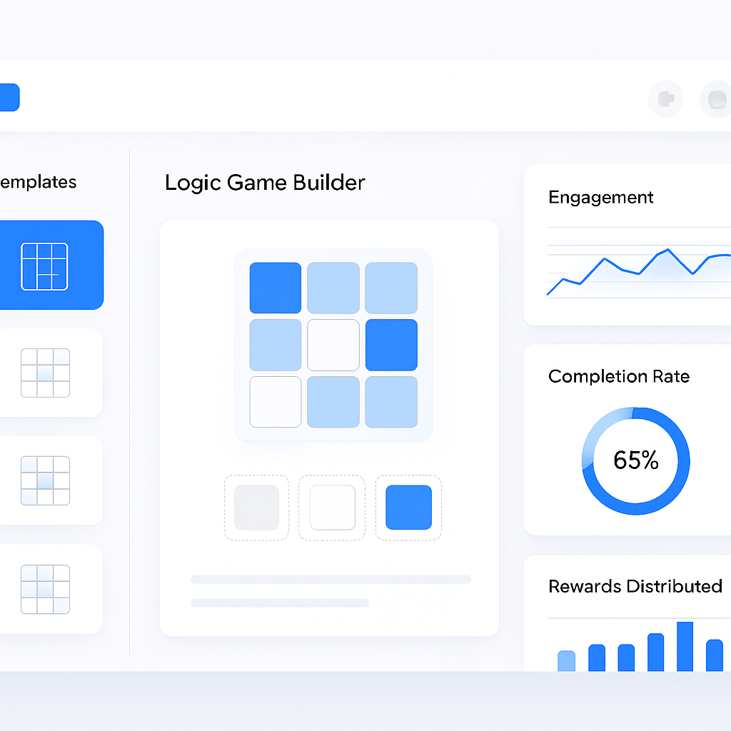 Playgent dashboard showing an embedded logic game builder with engagement and reward analytics